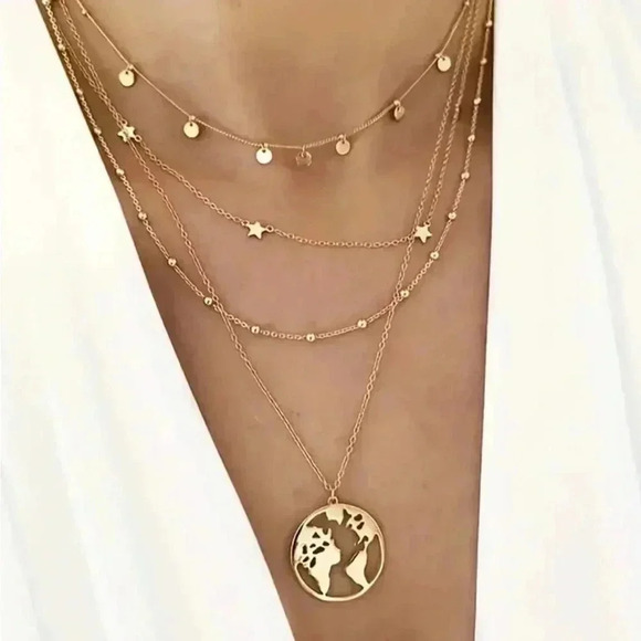 Funky simple multi layer golden star hollow pendants long chain necklace - Picture 3 of 5